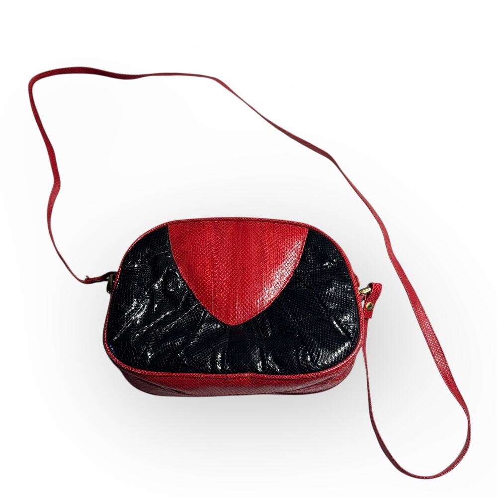 Vintage 1980s R. Soldaña Manila‎ Red Black Snakeskin Crossbody Purse